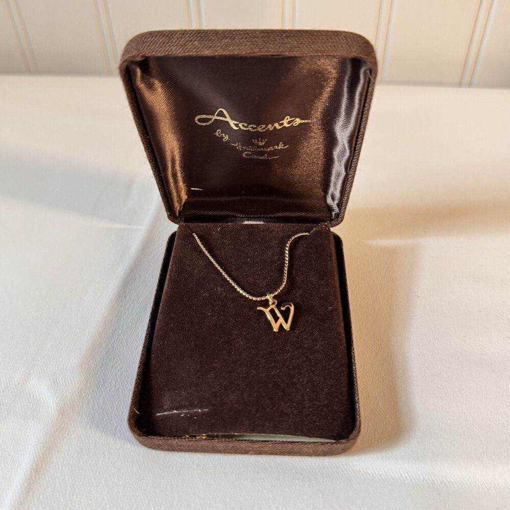 Vintage Letter Initial W Accents By Hallmark Cards Necklace 16" Gold Plate w Box